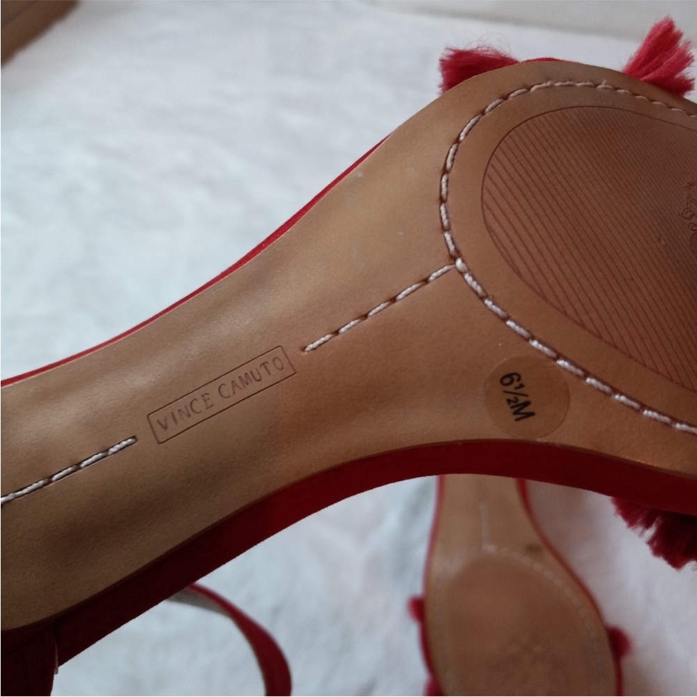 Vince Camuto Red Joshina Fringed Buckle Open Toe High Heels - Picture 11 of 11